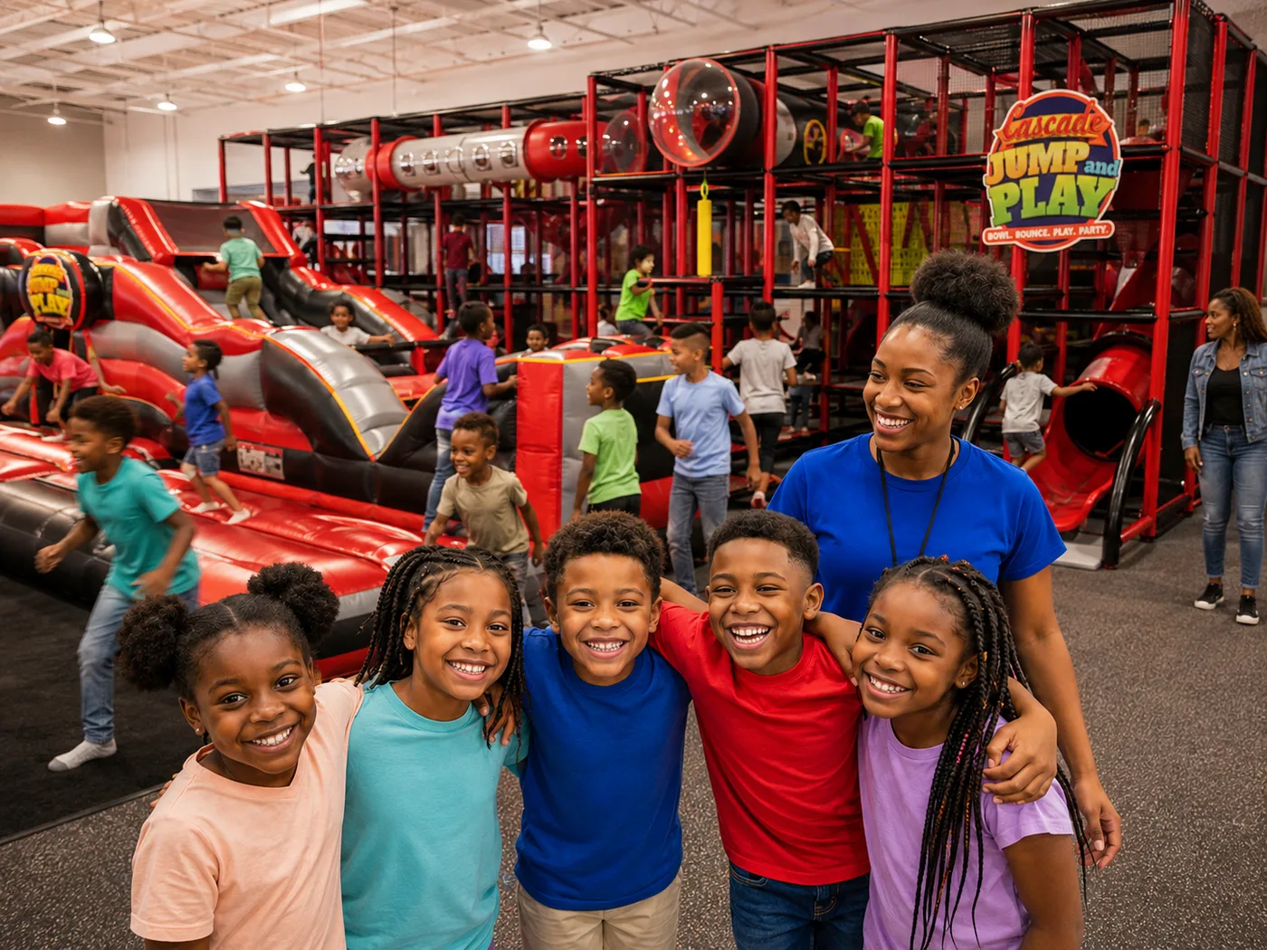 Kids jumping on a field trip